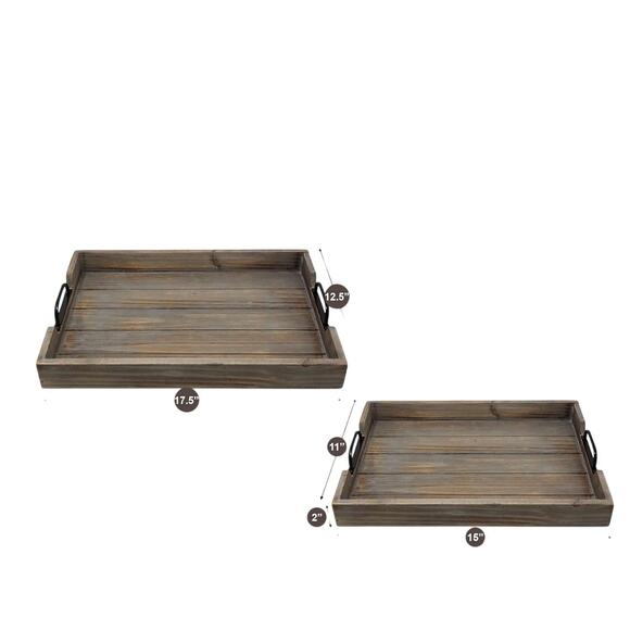 2 Decorative Nested Wood Serving Trays Rustic Wooden Breakfast Trays w/Handles - Picture 10 of 10